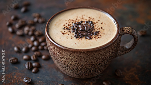 A cup of coffee with beans and latte art in a cafe atmosphere