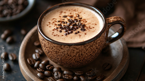 A cup of coffee with beans and latte art in a cafe atmosphere