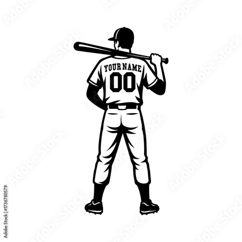 Baseball Player Silhouette Editable Jersey Number Custom Back View Sports Uniform Illustration