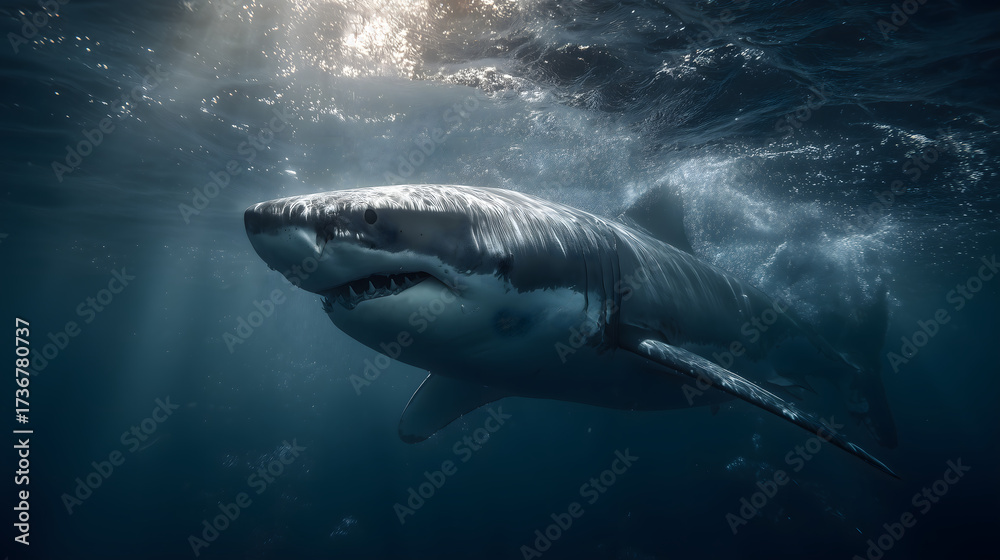 Fototapeta premium Close-up of a great white shark swimming in the open ocean, showing powerful movement and underwater light reflections. 