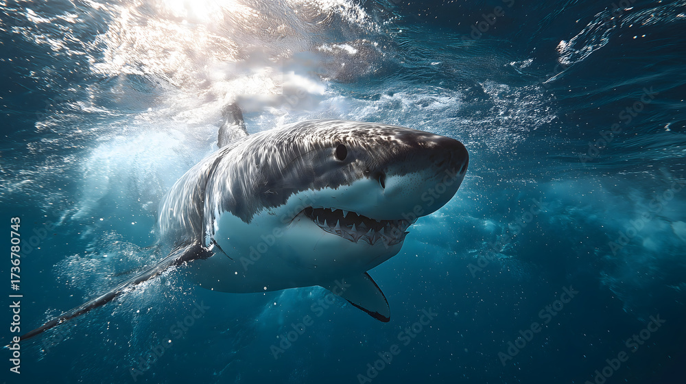 Fototapeta premium Close-up of a great white shark swimming in the open ocean, showing powerful movement and underwater light reflections. 