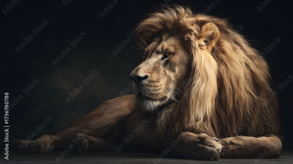 Obraz premium Portrait of a majestic lion lying down against a dark background, symbol of power and strength in dramatic studio lighting. 