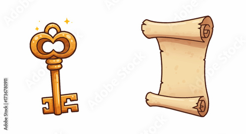 Golden key and ancient scroll depicted in a charming cartoon illustration, perfect for themes of discovery, mystery, and unlocking forgotten knowledge or treasure maps