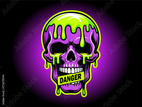 Creepy skull for Halloween design. Cartoon skull with dripping toxic slime cartoon vector illustration sticker, t-shirt, logo, poster, banner, card, clipart. Halloween Cartoon Character skull skeleton