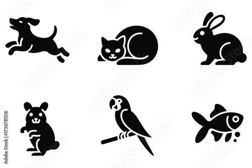 Collection of domestic pet silhouettes dog cat rabbit hamster parrot goldfish icons set