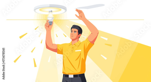 Man Installing LED Light Bulb in Ceiling Light, Home Improvement Technician Working