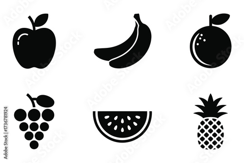 Collection of six fresh fruit icons apple banana orange grapes watermelon pineapple graphic
