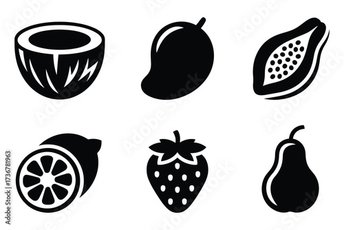 Collection of six distinct fruit icons for healthy food and tropical themes