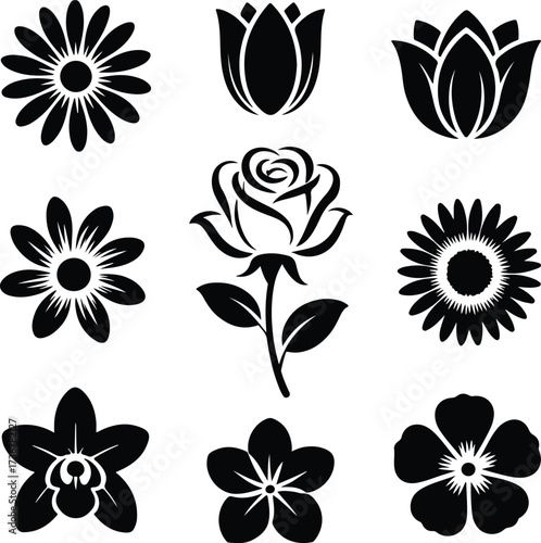 Hand Drawn Flower Brush Silhouette Collection Floral Brush Icon Silhouette Design Set