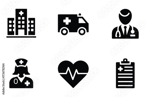 Medical healthcare icons set hospital ambulance doctor nurse heartbeat ekg clipboard for design