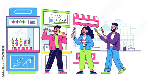 People Enjoying Delicious Skewers From Street Food Vendors at An Outdoor Festival