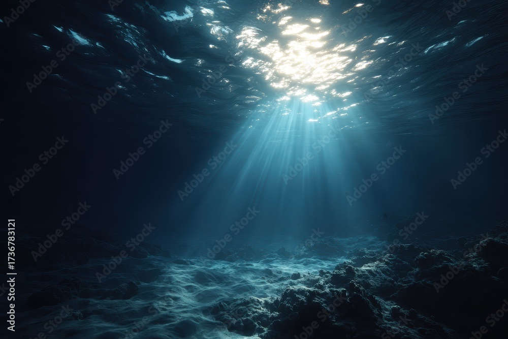 Fototapeta premium Underwater ocean blue abyss illuminated by rays of sunlight filtering through the surface, showcasing serene aquatic landscape