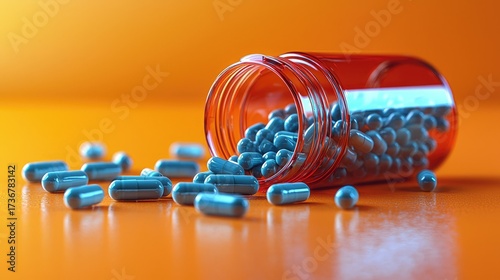 Spilled Turquoise Capsules from an Orange Bottle on Surface