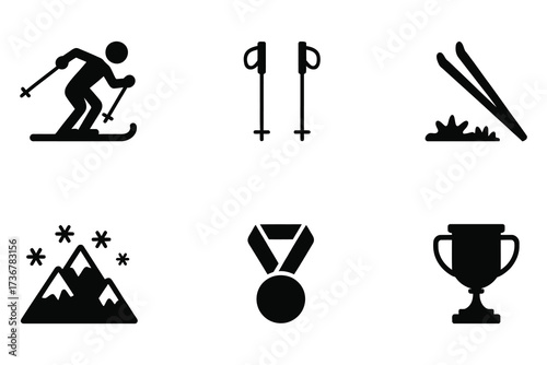 Collection of winter sports icons skiing snowboarding mountains medal trophy and ski poles representing winter activities