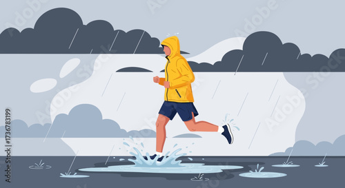 Man jogging in the rain, illustration of a runner in a yellow jacket running outdoors