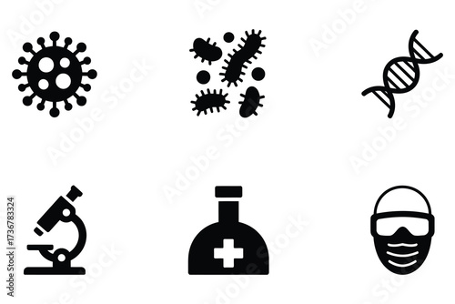 Medical science icons featuring virus bacteria dna microscope lab flask and protective gear