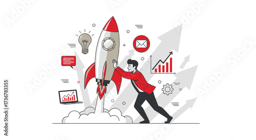 Man launching a rocket with growth chart icons: Startup concept and business success