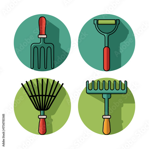 Gardening Tools Icons of Rakes, Cultivator, and Weeder