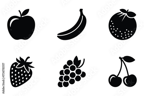 Six simple silhouette icons representing fresh fruits apple banana orange strawberry grapes and cherries