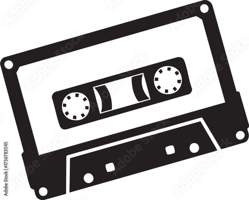Retro audio cassette tape silhouette with spools and tape detail isolated on white background