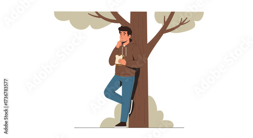 Man leaning against a tree holding a sandwich looking thoughtful and pondering what's next