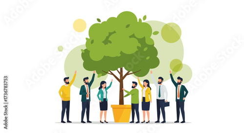 People planting and growing a tree, environmental protection and teamwork concept