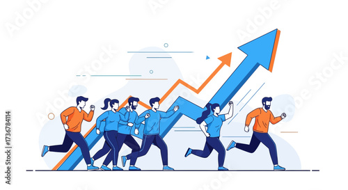 People running towards an ascending arrow depicting growth and business success