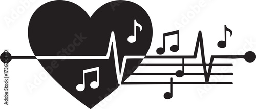 Black heartbeat ekg line with musical notes silhouette isolated on white background