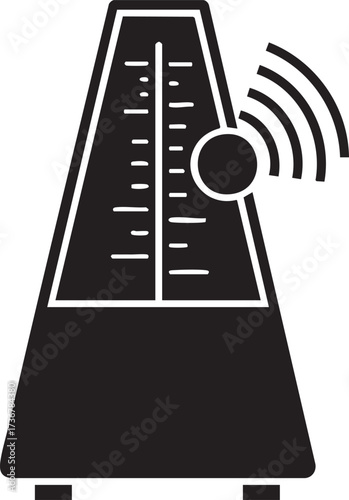 Black silhouette of a classic metronome with a swinging pendulum isolated on white background