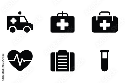 Medical icon set ambulance first aid kit heartbeat ecg test tube healthcare symbols