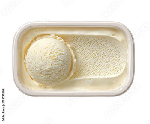 A closeup overhead view of a scoop of creamy vanilla ice cream in a rectangular container, isolated on a transparent background