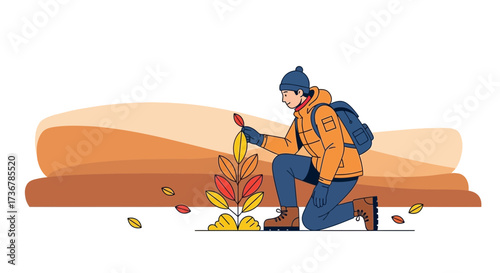 Man Observing Autumn Leaves in Nature, Outdoor Adventure and Exploration Scene