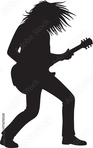 Energetic rock musician playing electric guitar in a dynamic silhouette isolated on white background