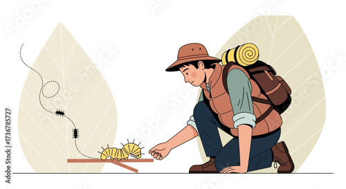 Man observing caterpillars in nature with leaves and a backpack concept art style