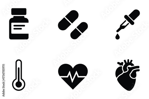 Medical healthcare icons set pill bottle dropper thermometer heartbeat ecg heart anatomy graphics
