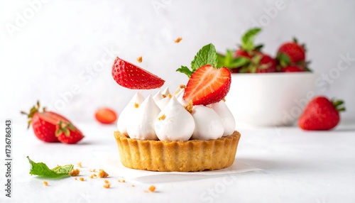 Close-up of a delicious tart with meringue topping and fresh strawberries, mint, crumbs. Dessert, food, culinary