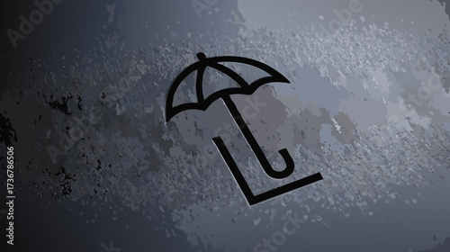 Black outline umbrella icon on a dark, wet, textured background, representing protection, security, weather, and insurance concept.