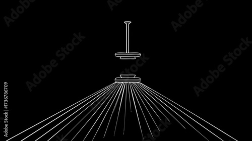 Abstract light design with radiating white lines on black. Modern, elegant illumination concept, minimalist suspension fixture graphic.