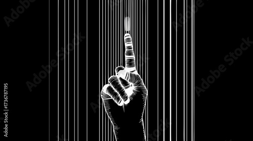 Abstract digital identity with a human hand pointing upwards amidst vertical data lines, symbolizing technology, selection, and individuality in monochrome.