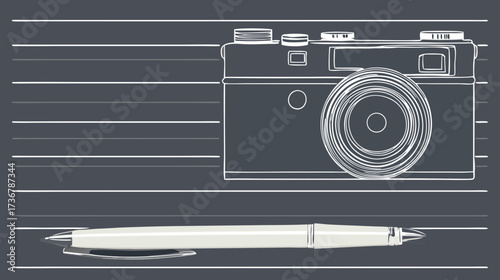 Outline illustration of a vintage film camera and an elegant pen on dark background. Blueprint style technical drawing for photography and creativity.
