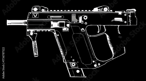 Detailed white outline vector illustration of a modern tactical compact firearm or submachine gun on a stark black background.