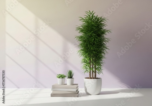 Tall bamboo plant and cacti with sunlight shadows on wall