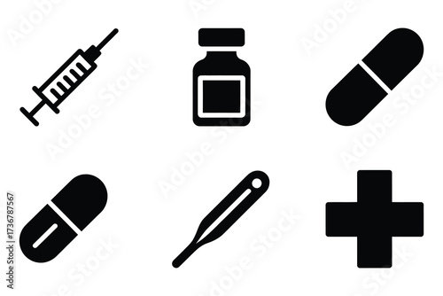 Medical icons set syringe capsule pill bottle thermometer plus sign healthcare symbol