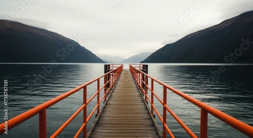 Wooden pier with orange railings leads across a calm lake towards distant mountains