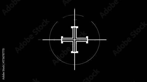 Abstract digital crosshair target graphic with concentric circles on black background. Futuristic UI element for gaming or technology.