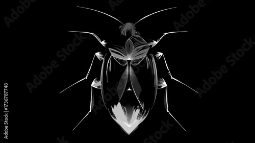 Stylized abstract insect illustration, minimalist bug concept art in grayscale, transparent effect on black background, scientific digital art.