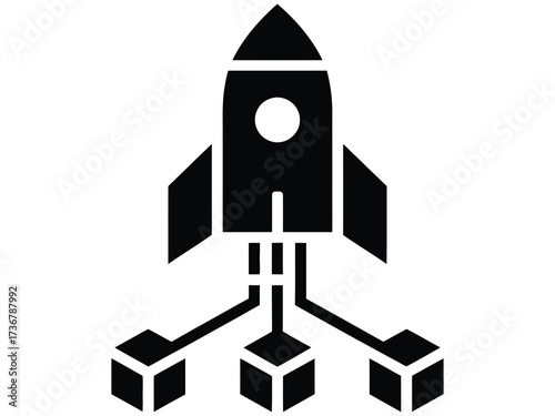 Minimalist black and white vector icon representing a rocket launch with connected cubes, symbolizing project initiation and technological advancement