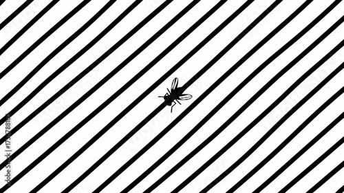 Graphic black and white illustration of a common fly insect on a bold diagonal striped background pattern