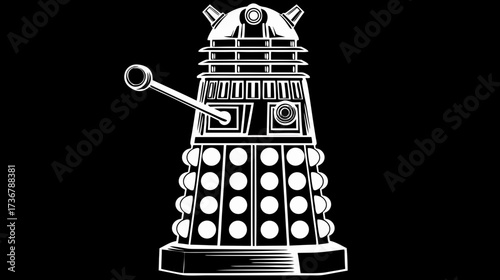 Iconic sci-fi armored robot character, futuristic alien machine, white outline vector illustration on a black background, retro sci-fi art.