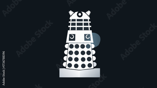 Stylized Futuristic Armored Robot Alien Icon Illustration. Metallic Science Fiction War Machine Symbol on Dark Background.